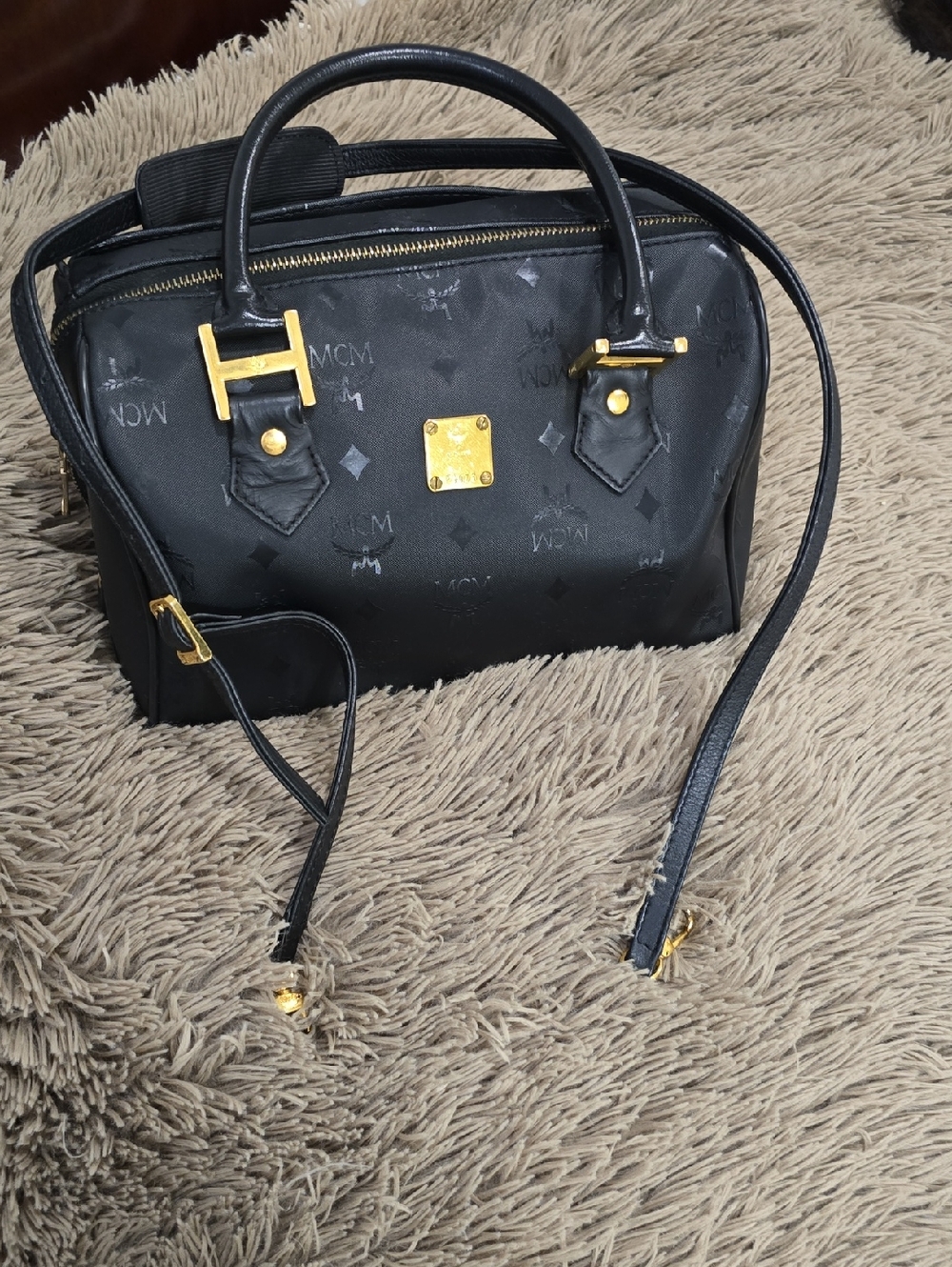 MCM Black Logo-Print Satchel with Gold Hardware